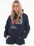 Zwillingsherz Sweatshirt met geborduurd "moin"-schrift in neonkleuren