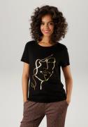 Aniston CASUAL T-shirt met abstract gezicht van glanzende folieprint