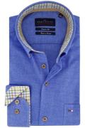 Portofino casual overhemd wijde fit blauw effen katoen bruine knopen